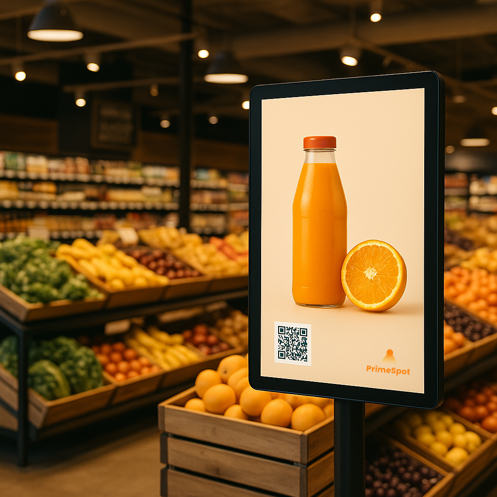 Digital reklameskærm i købmandsbutik drevet af PrimeSpot